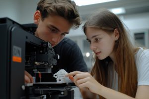 Two students intently observe a 3D printer creating a detailed white object, showcasing modern technology and collaborative learning.