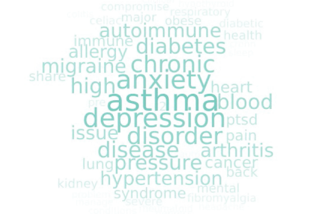A word cloud made up of chronic conditions reported by respondents. Some of the most prominent words are: asthma, depression, and anxiety
